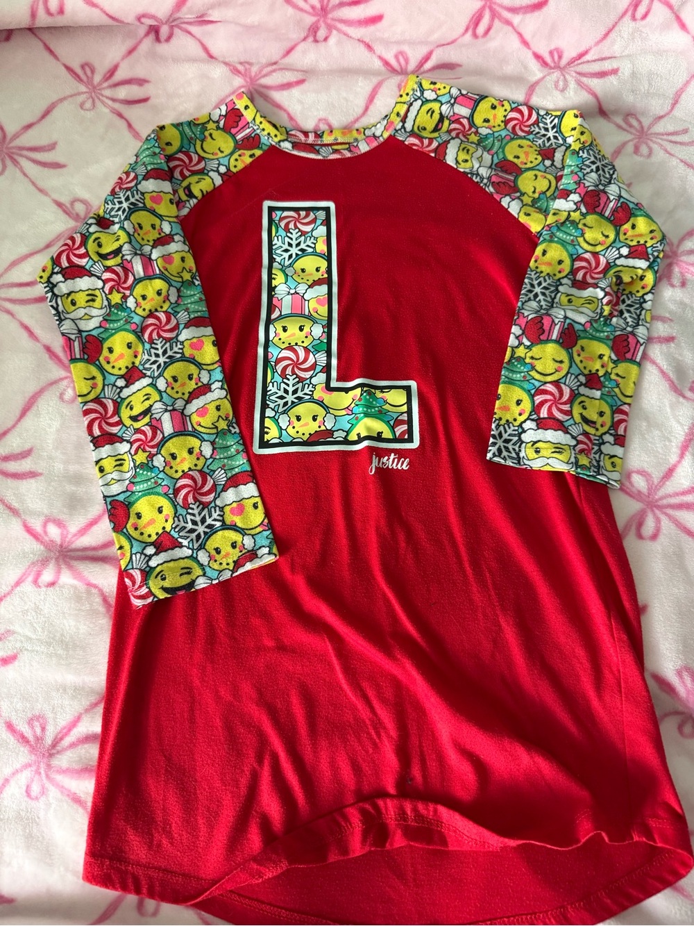 Justice Red Raglan Holiday Nightgown with Patterned Sleeves